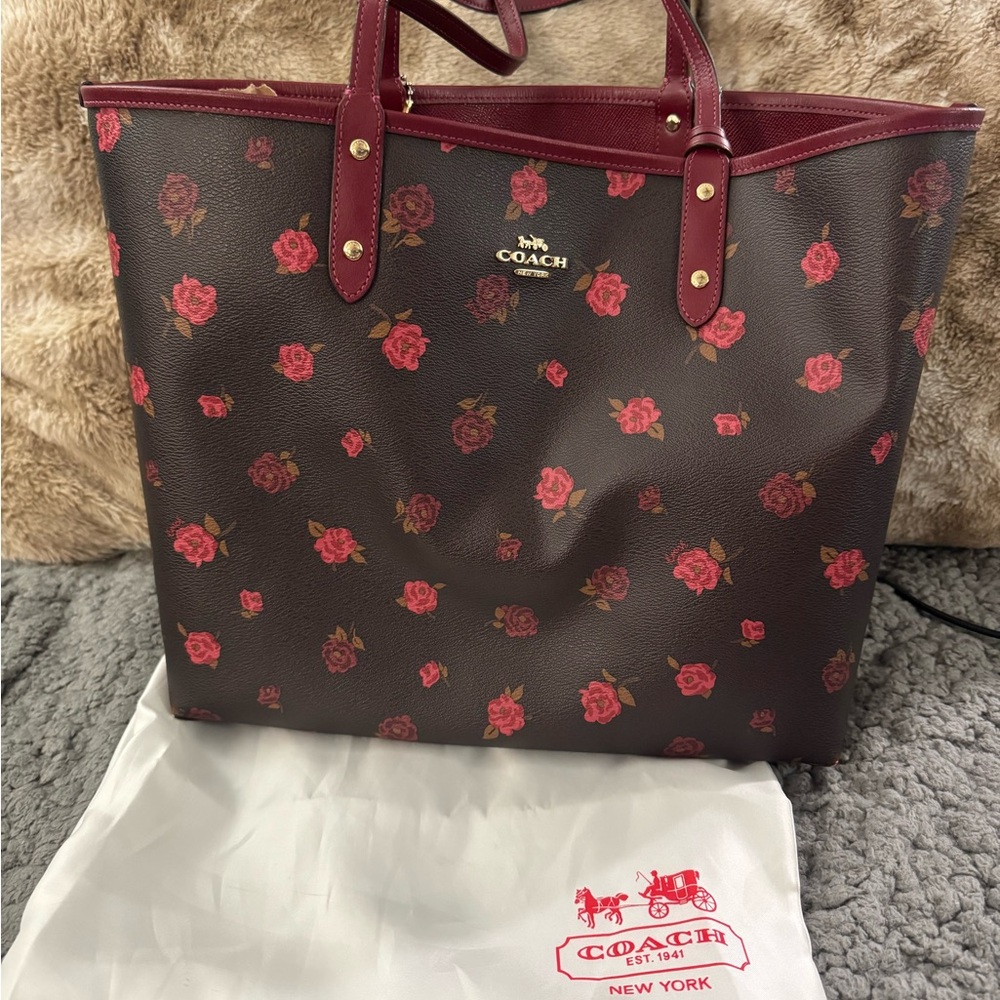 Coach Reversible City Tote Bag - Brown with Red Floral Design
